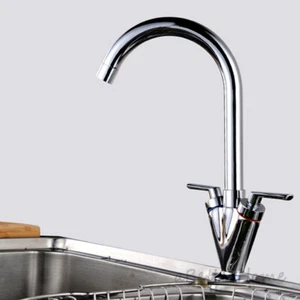 Dual Handles Chrome Kitchen Sink Faucet One Hole Swivel Spout Water Mixer Tap - Picture 1 of 3