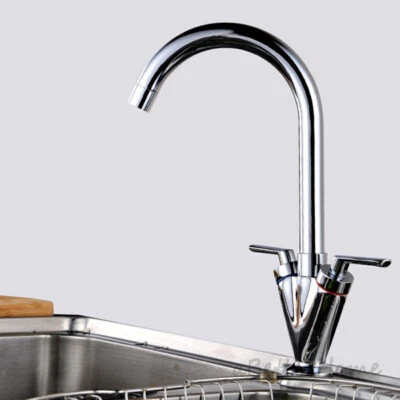 Dual Handles Chrome Kitchen Sink Faucet One Hole Swivel Spout Water Mixer Tap - Image 1 of 3