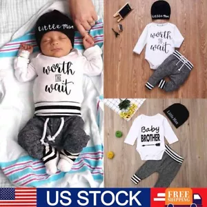 3PCS Set Newborn Kids Baby Boy Romper Tops Shirt + Pants Hat Outfits Clothes - Picture 1 of 14