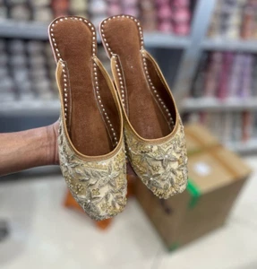 Mujer Punjabi Espalda Abierta Mules Con Bordados, Motivos Dorado Floral Reino Unido Talla 4-8 - Imagen 1 de 8