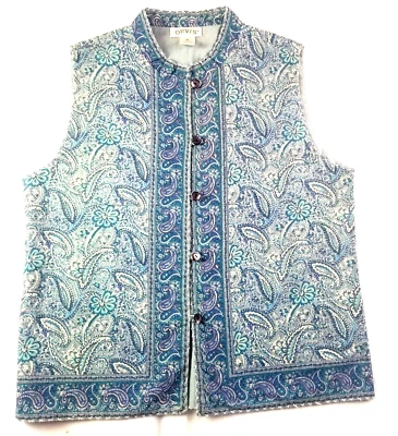 Colete Orvis Feminino Médio Azul Verde-azulado Branco Paisley Botão para Cima Cottage Core - Imagem 1 de 4