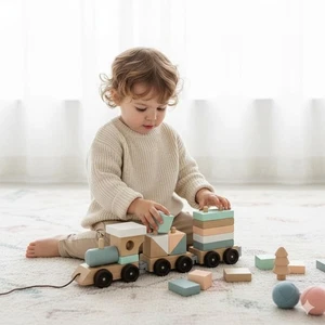 Wooden Train Stacking Toy Set – Montessori Shape Sorter Pull-Along for Toddlers - Picture 1 of 10