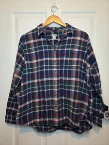 LL Bean Plaid Bottoni Blu Verde Rosa Cotone Organico L Granola Cabina Campeggio - Foto 1 di 6