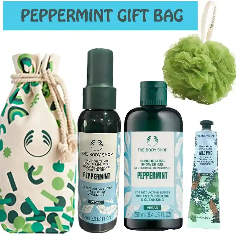 BOLSA DE REGALO THE BODY SHOP SANDALIA DE PINO SILVESTRE MENTA 4 PIEZAS CREMA DE LAVADO A NIEBLA CON BOLSA Foto 1 de 4