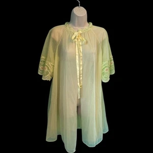 NEW Vintage 1960's Chartreuse & Lemon Yellow Chiffon & Lace Peignoir Robe S,M,L - Picture 1 of 11