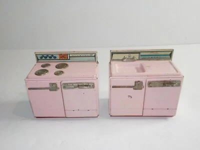 1950s Vintage Casa de Bonecas Cozinha Par BUBBLEGUM Lata Rosa Litho Pia Fogão - Imagem 1 de 4