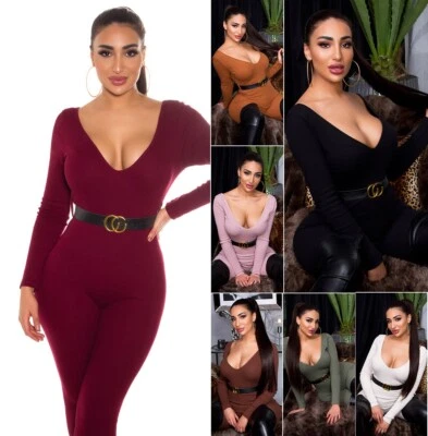 Koucla Damen Overall Jumpsuit Playsuit V-Ausschnitt mit Gürtel Milax-Fashion