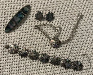 Lot 925 Silver Abalone 5 Pc. Set Bracelet, Necklace, Earrings, & Barrette MEXICO - Picture 1 of 19