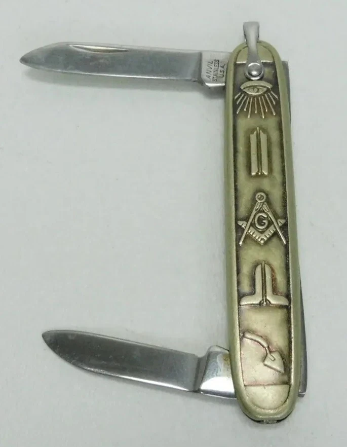 Vintage Antique Anvil USA Masonic Metal 2-Blade Folding Pen Pocket Knife Old - Image 1 of 4