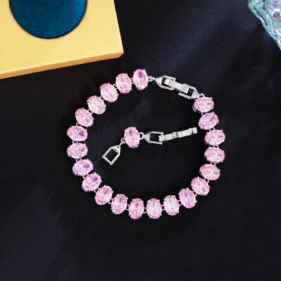 Mujer Precioso Brazalete Tenis Circón Ovalado Circón Plateado Boda Joyería Regalo Foto 1 de 4