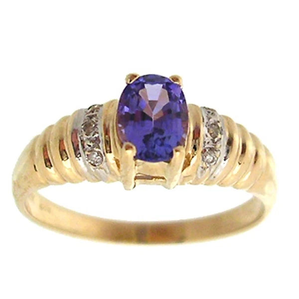 Anillo de oro amarillo 14kt 0,50ctw ovalado azul tanzanita y pavé diamante, talla 7 Foto 1 de 1