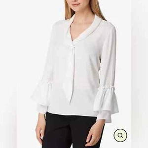 NWT Tahari ASL Tie Neck Ruffle Sleeve Blouse Top White Size PM Petite Medium - Picture 1 of 11