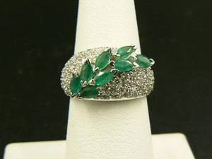 Anillo EFFY Oro Blanco 14k Natural Marquesa Esmeralda y Pavé Diamante Cúpula Talla 7 - Imagen 1 de 10
