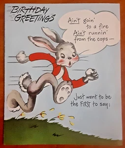 Vintage 1940s Forget-me-not Birthday Greeting Card Bunny Rabbit fire cops tops - Picture 1 of 10
