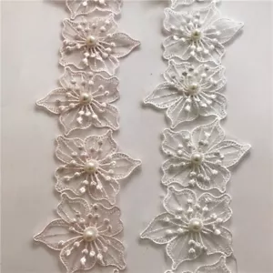 Florals Pearl Lace Embroidered Applique Wedding Ribbon Dress Garment Decoration - Picture 1 of 13
