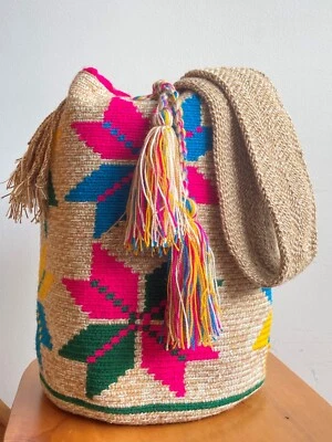 Wayuu Mochila Authentic 100% Colombian Bag Large Size Beige and colorful flowers - Image 1 of 3