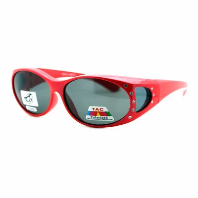 Polarized Lens Fit Over Glasses Sunglasses Women's Oval Frame Rhinestones RED - Image 1 of 4