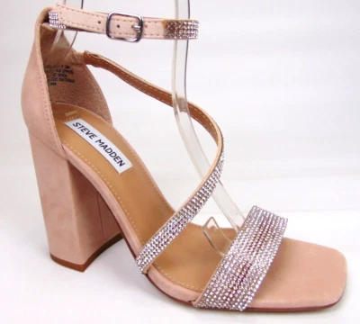 STEVE MADDEN 女式裸色 Varali 珠宝麂皮绒粗跟凉鞋 7.5 中号 — 第 1/4 张图片