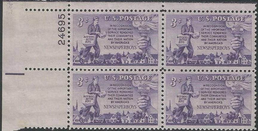 Plate Block of 4 stamps - Scott 1015 - 3 cent - Newspaper Boys - 1952 - MNH - Image 1 of 1
