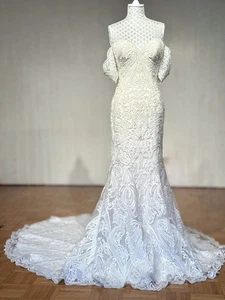 Champagner Brautkleid mit Spitze & Schleppe 1m, Perlen, Vintage - Bild 1 von 17