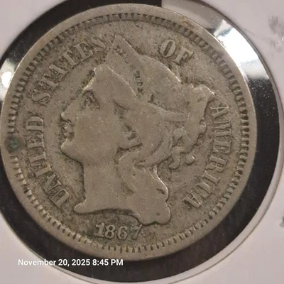 1867 Three Cent Nickel Coin 3c Type Coin - Image 1 of 2