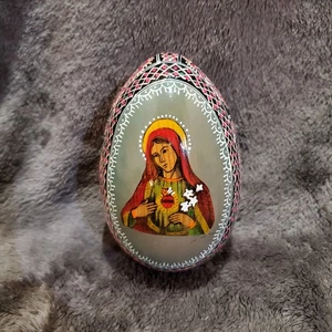 Vintage Ukrainian Hand Painted Pysanka Easter Wood Egg Virgin Mary NO BASE - Picture 1 of 8