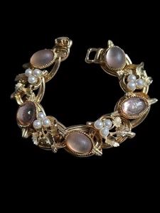 Vintage Chunky Goldtone Faux Pearl Pink Cabachon Bracelet 8 In - Imagen 1 de 5