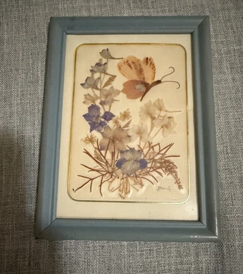 🌸 Arte floral prensado vintage en marco azul - Firmado - Decoración de pared botánica 5x7 Foto 1 de 4