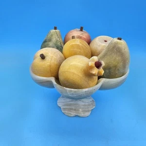 Vintage Marmor Alabaster Stein Obstschale Kompott 10" gewellter Rand mit Obst - Bild 1 von 14