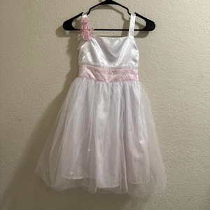 White Straps Tutu Dress Pink Trim Flowers - Picture 1 of 7