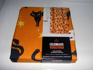HALLOWEEN FEIERN ZUSAMMEN STOFF DUSCHVORHANG KATZEN KÜRBISSE FLEDERMÄUSE GEISTER NEU IN VERPACKUNG - Bild 1 von 4