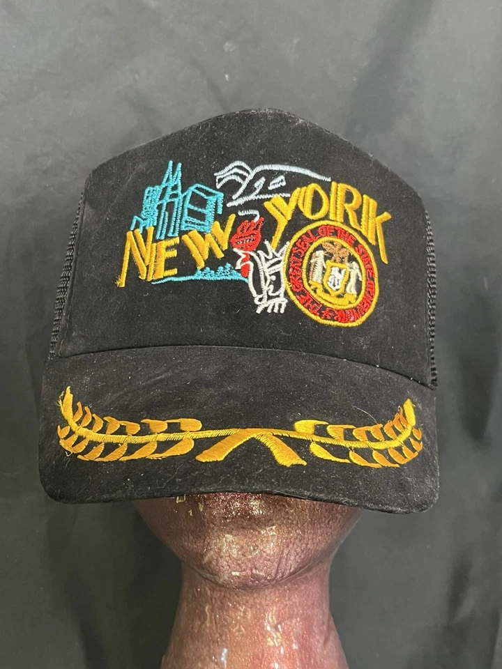 SOMBRERO DE CAMIONERO DE TERCIOPELO TRITURADO DE COLECCIÓN DE NUEVA YORK RARO WOW ADULTO NEGRO AÑOS 70 Foto 1 de 4