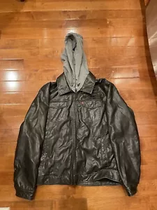 Levi's Jacket Mens XL Faux Leather Hoodie Full Zip Black Gray Quilted Lining - Picture 1 of 14