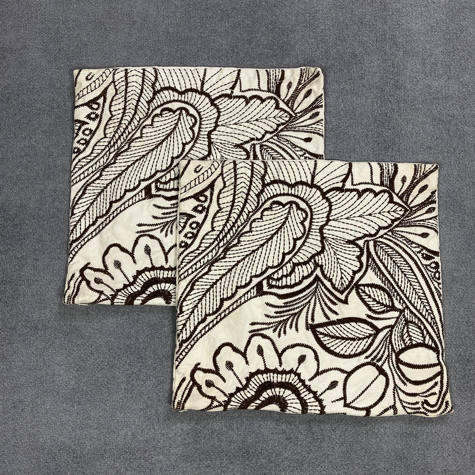 Pottery Barn Pillow Covers 20x20 Brown Cream Floral Embroidery Accent Throw (2) - Image 1 of 4