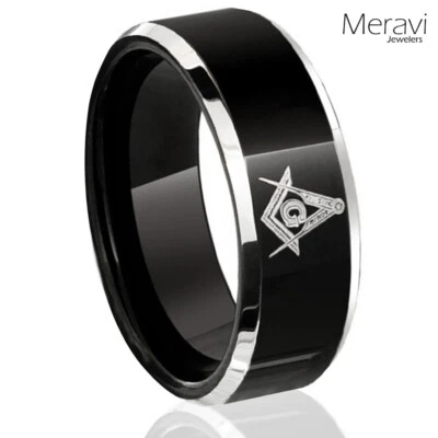 Anillos de tungsteno negro símbolo masónico plateado para hombres caballeros templarios anillos para hombre Foto 1 de 4