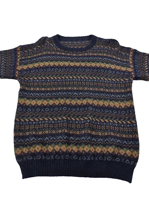 Handmade Peruvian Alpaca Wool Blend Sweater Fair Isle Knit Nordic Blue Tan Med - Image 1 of 3