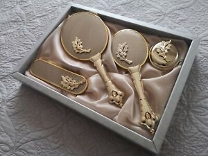 Vintage Gold Color Hand Mirror, Brush, and Comb Vanity Set, Engagement Gift