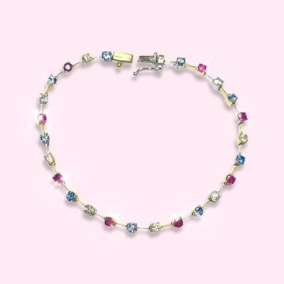 Red White and Blue Sapphire and Ruby Two Tone 14K White and Yellow Gold Bracelet - Image 1 of 4