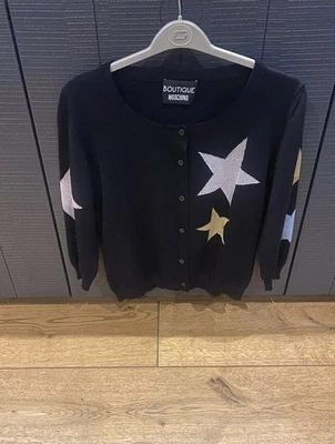 BOUTIQUE MOSCHINO Black Glitter Stars Button Up Cardigan Virgin Wool  - Image 1 of 4