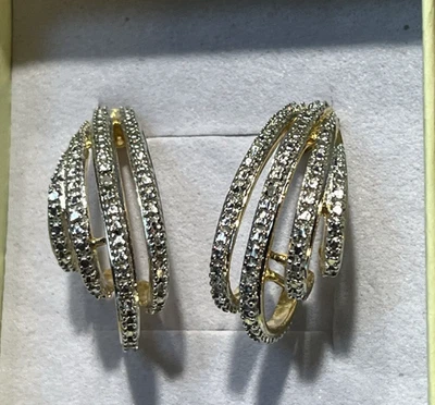 Vintage Sterling Silver .925 Ross Simons Diamond Pave Gold 4 Ribbed J-Earrings - Image 1 of 4