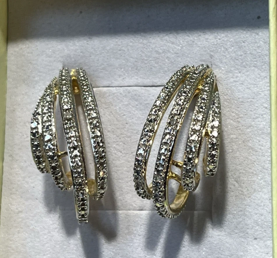 Vintage Sterling Silver .925 Ross Simons Diamond Pave Gold 4 Ribbed J-Earrings - Image 1 of 4