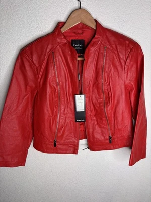Jaqueta de couro genuíno Bebe Cropped Bomber couro vermelho mangas 3/4 tamanho G nova com etiquetas - Imagem 1 de 4