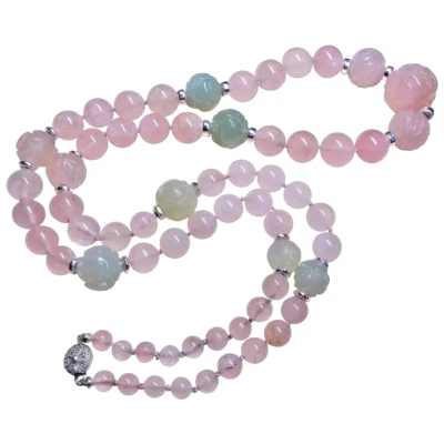Chinese Carved Shou Rose Quartz Green Jade, Necklace 30" Long - Image 1 of 4