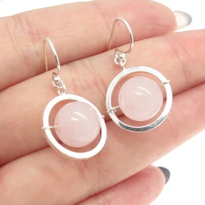 925 Sterling Silver Real Rose Quartz Saturn Dangling Earrings - Picture 1 of 7