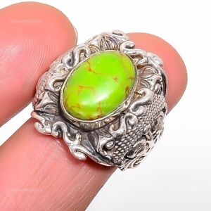Lab-Created Copper Green Turquoise 925 Sterling Silver Ring Size 6 For Girls