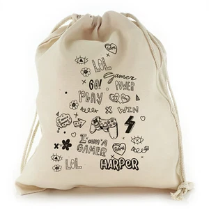 Personalised Gift Bag Initial/Name Gaming Drawstring Storage Sack Black Graffiti - Picture 1 of 23