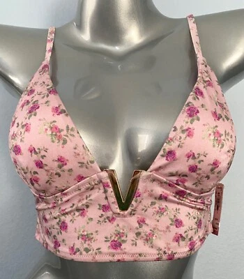 Victoria's Secret Bikini Top Nwt Pink Floral Gold V Long Line Swim Bikini Top - Image 1 of 3