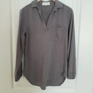 Side Stitch Tencel Split Neck Popover Long Sleeve Tunic Taupe Size S - Picture 1 of 8