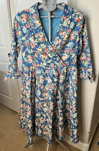 Lindy Bop Women's 'Vivi' Vintage 40s 50s Wrap Style Floral Dress NO Belt PTP 20" - Picture 1 of 12