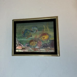 Vtg 80s Manifestations Optical Illusionary Framed Foil Art Tropical Fish 8x10 - Picture 1 of 8